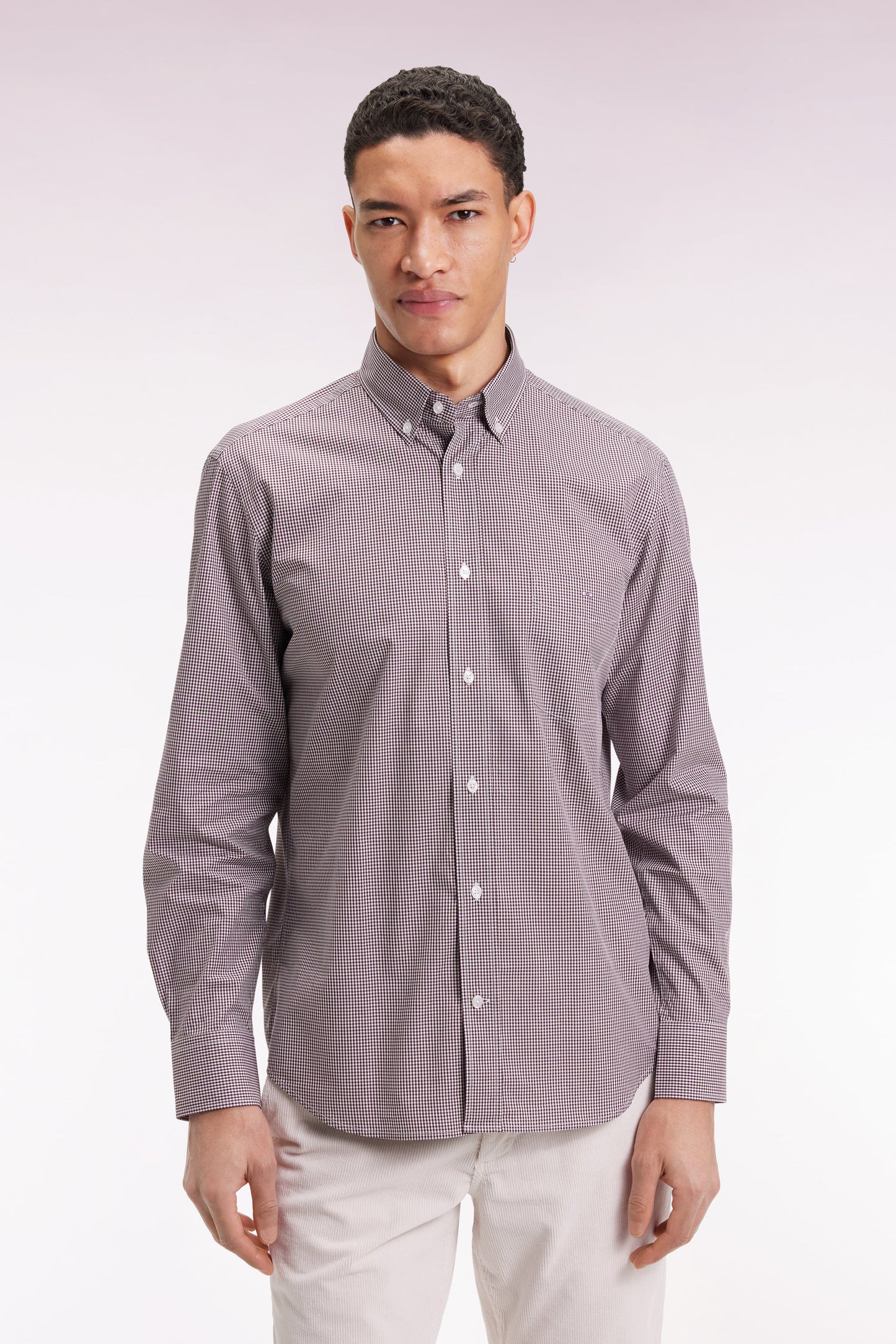 Chemise vichy en popeline de coton bordeaux coupe droite