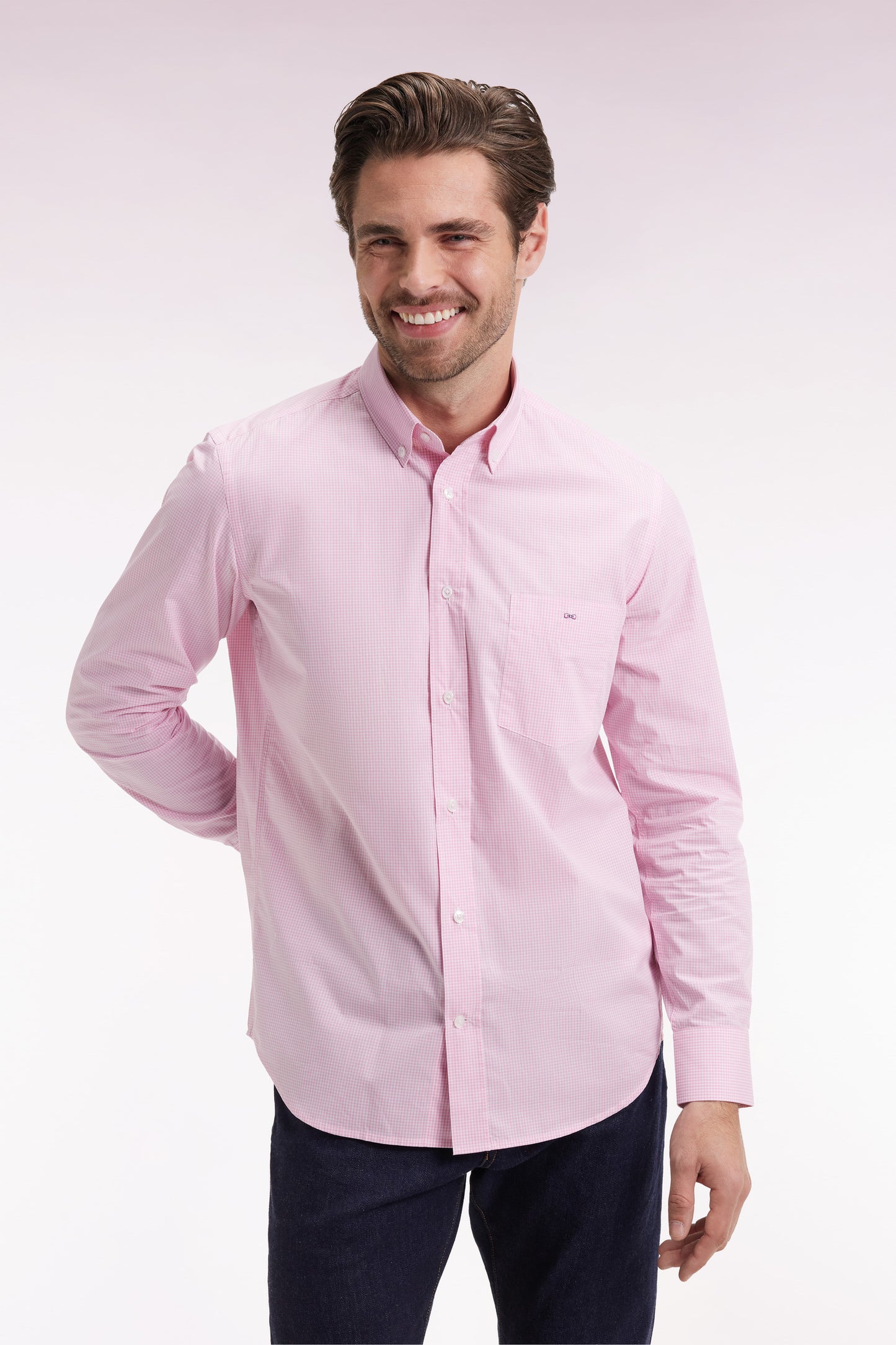 Chemise vichy en popeline de coton rose coupe droite
