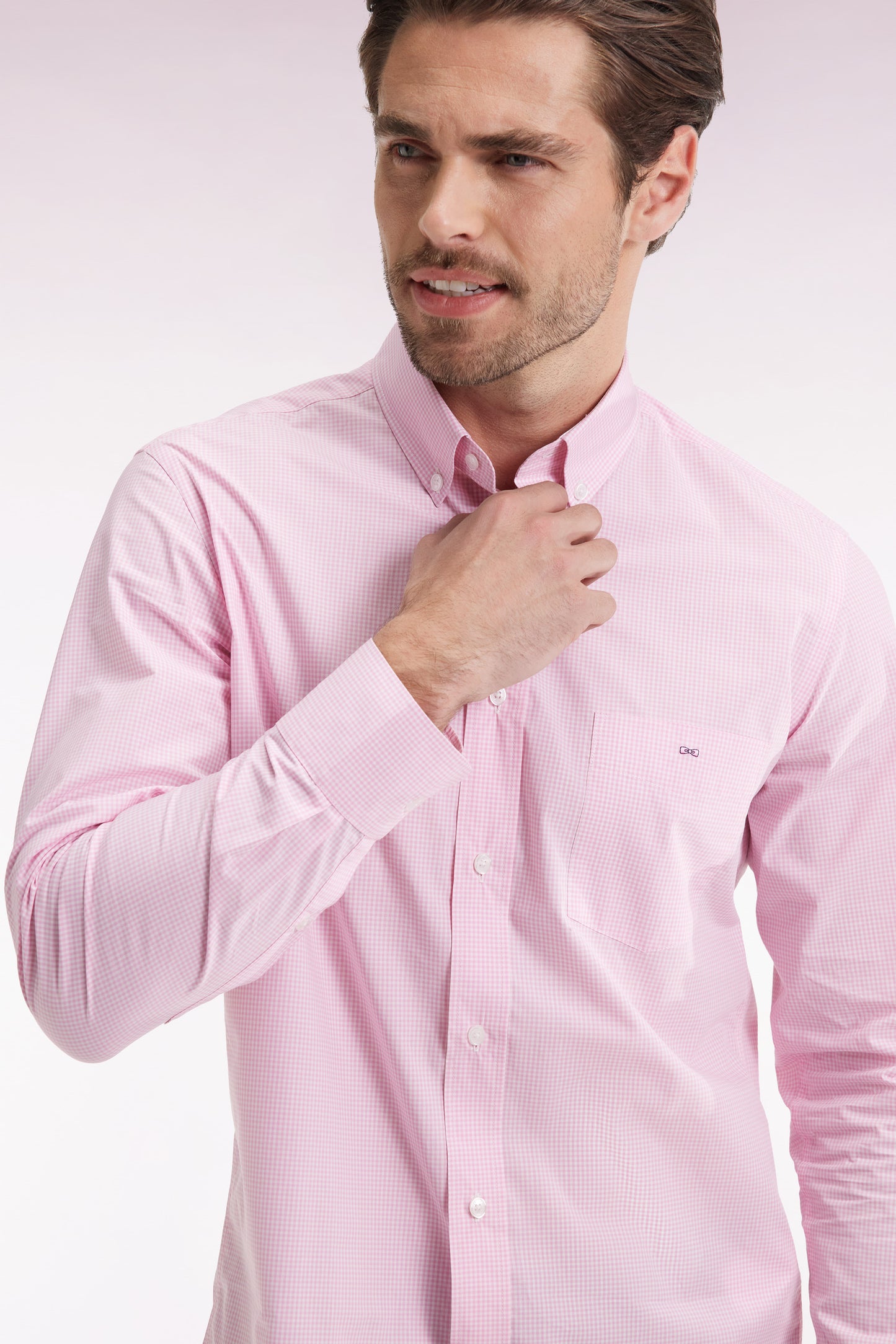 Chemise vichy en popeline de coton rose coupe droite