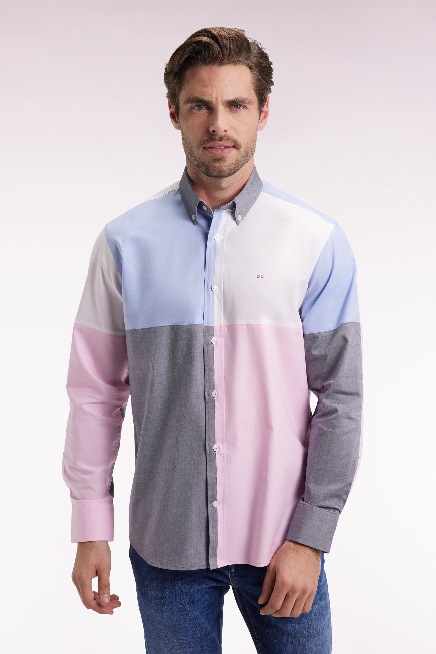 Chemise en coton à motif quatre couleurs coupe droite