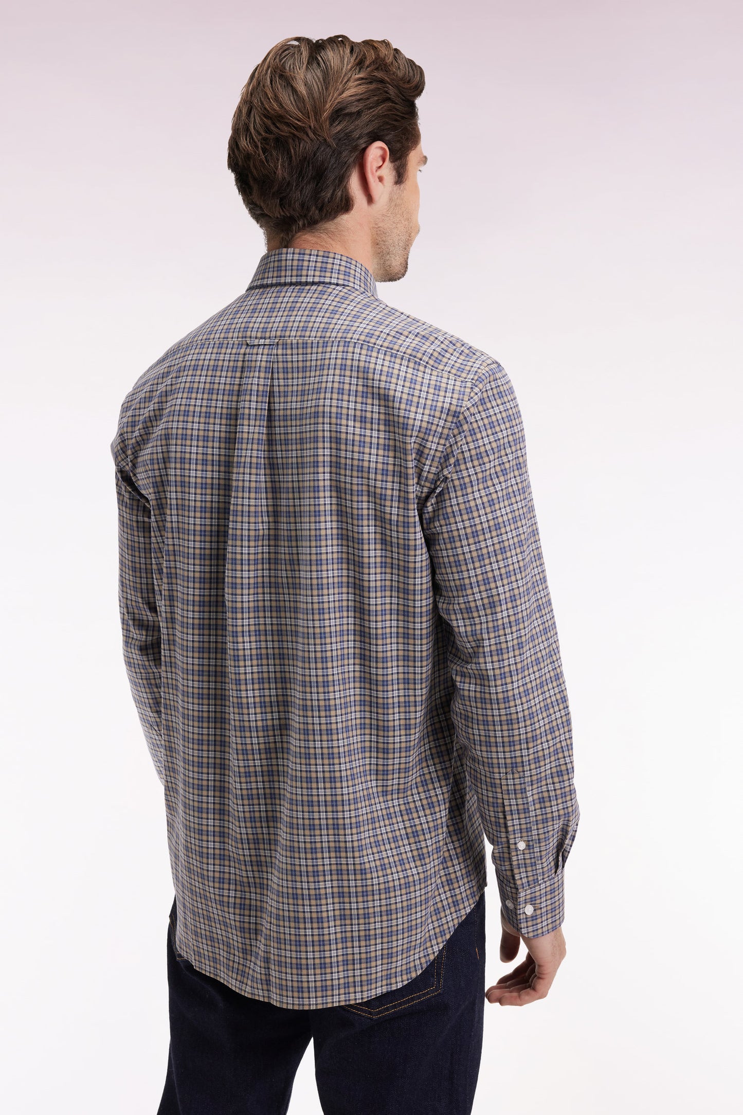 Beige cotton check shirt, straight cut
