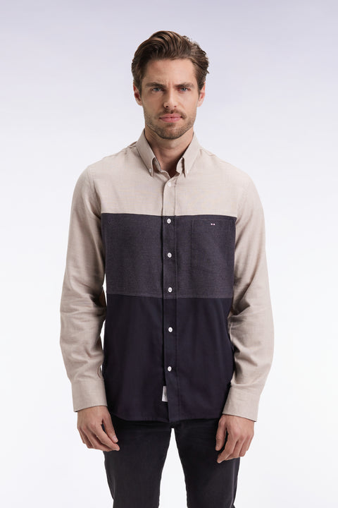 Three-tone navy and beige straight-cut flannel shirt - Image 3