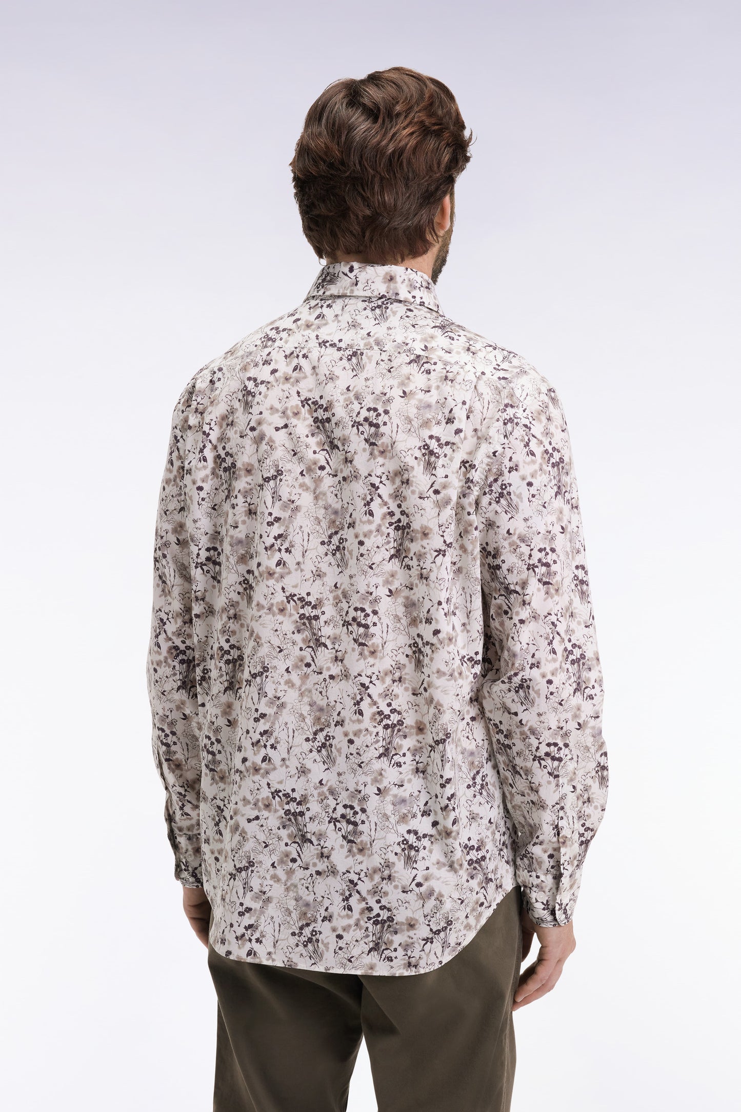 Brown cotton floral print shirt, straight cut