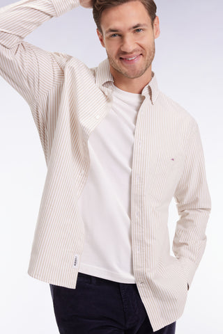 Beige striped cotton poplin shirt, straight cut