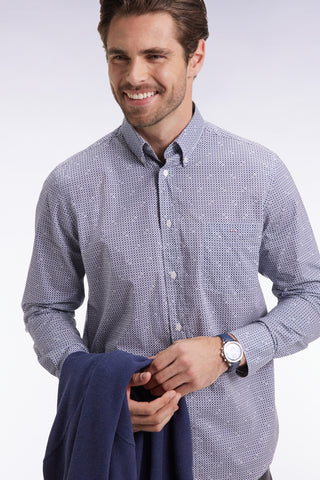 Blue cotton micropattern shirt, straight cut