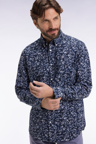 Chemise à micro-motifs fleurs en coton marine coupe droite