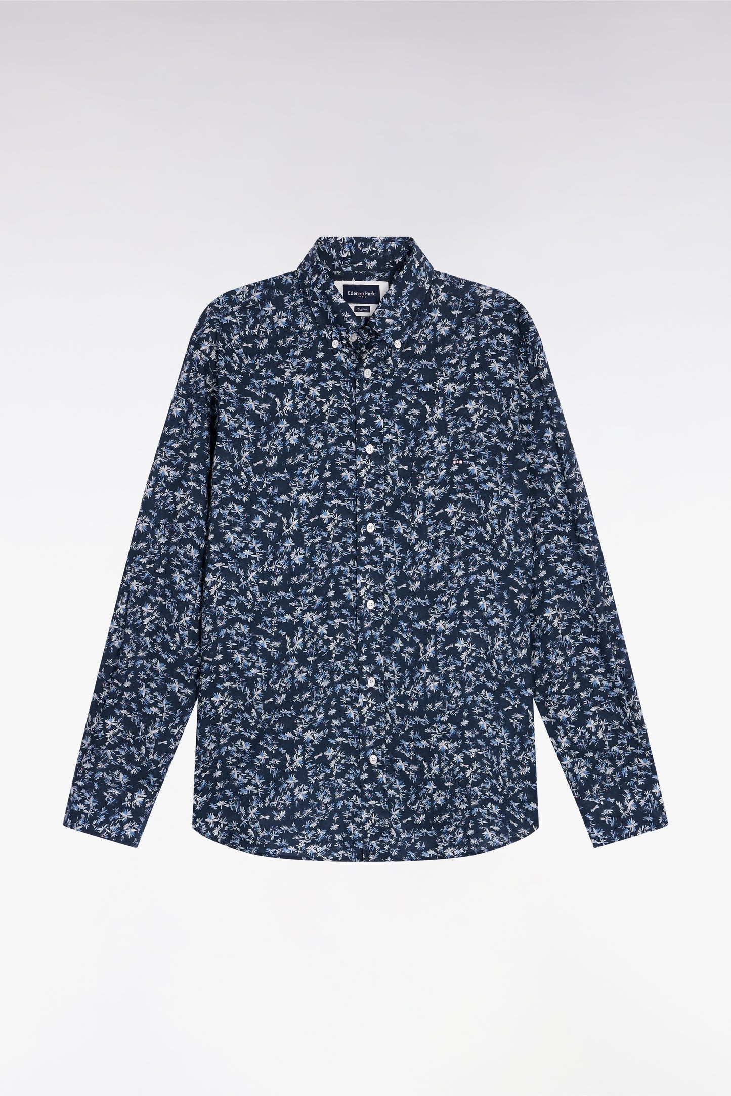 Chemise à micro-motifs fleurs en coton marine coupe droite