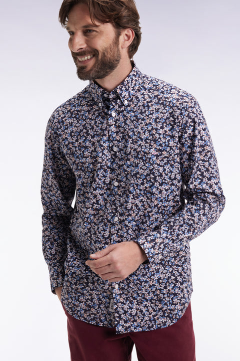 Chemise en popeline de coton à micro-motifs fleurs bleu coupe droite - Image 3