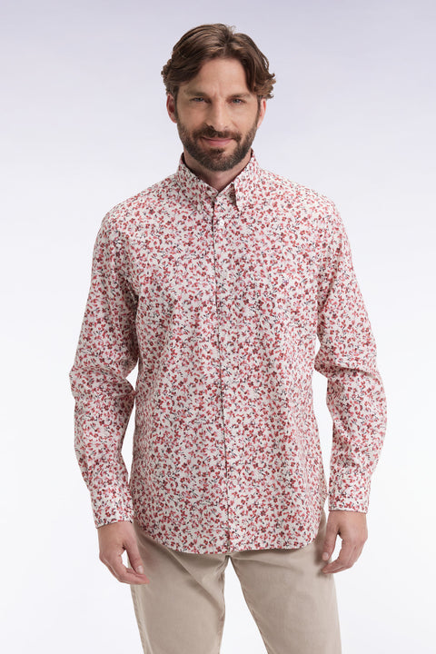 Chemise en popeline de coton à micro-motifs fleurs rouge coupe droite - Image 1
