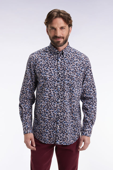 Chemise en popeline de coton à micro-motifs fleurs bleu coupe droite - Image 1