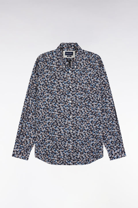Chemise en popeline de coton à micro-motifs fleurs bleu coupe droite - Image 2