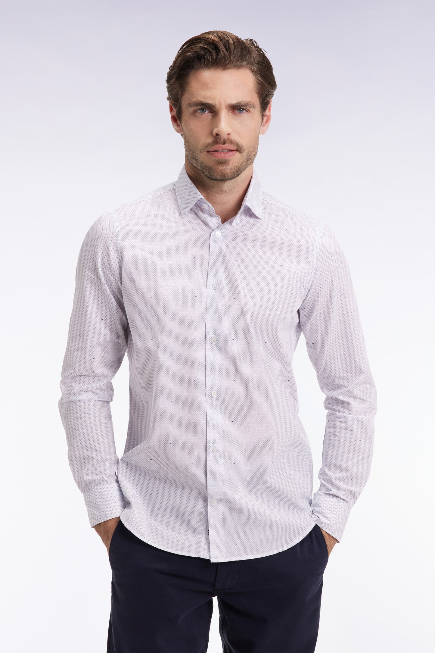 Sky cotton shirt with micro-printed bow, slim fit