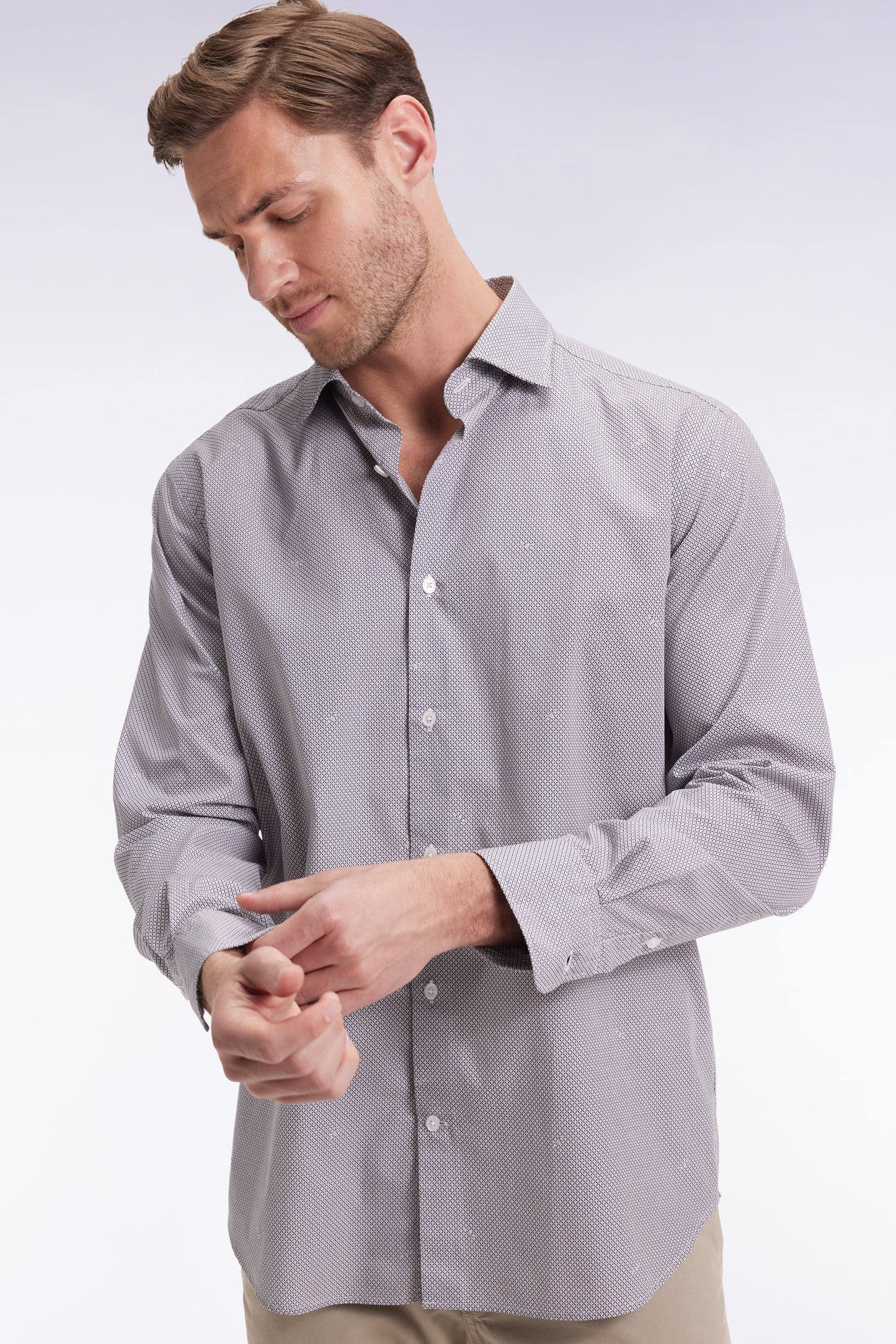 Chemise en popeline de coton à micro-motifs beige coupe droite