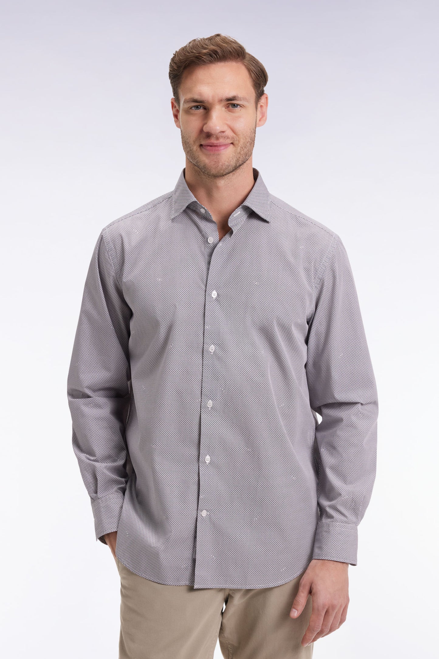 Chemise en popeline de coton à micro-motifs beige coupe droite