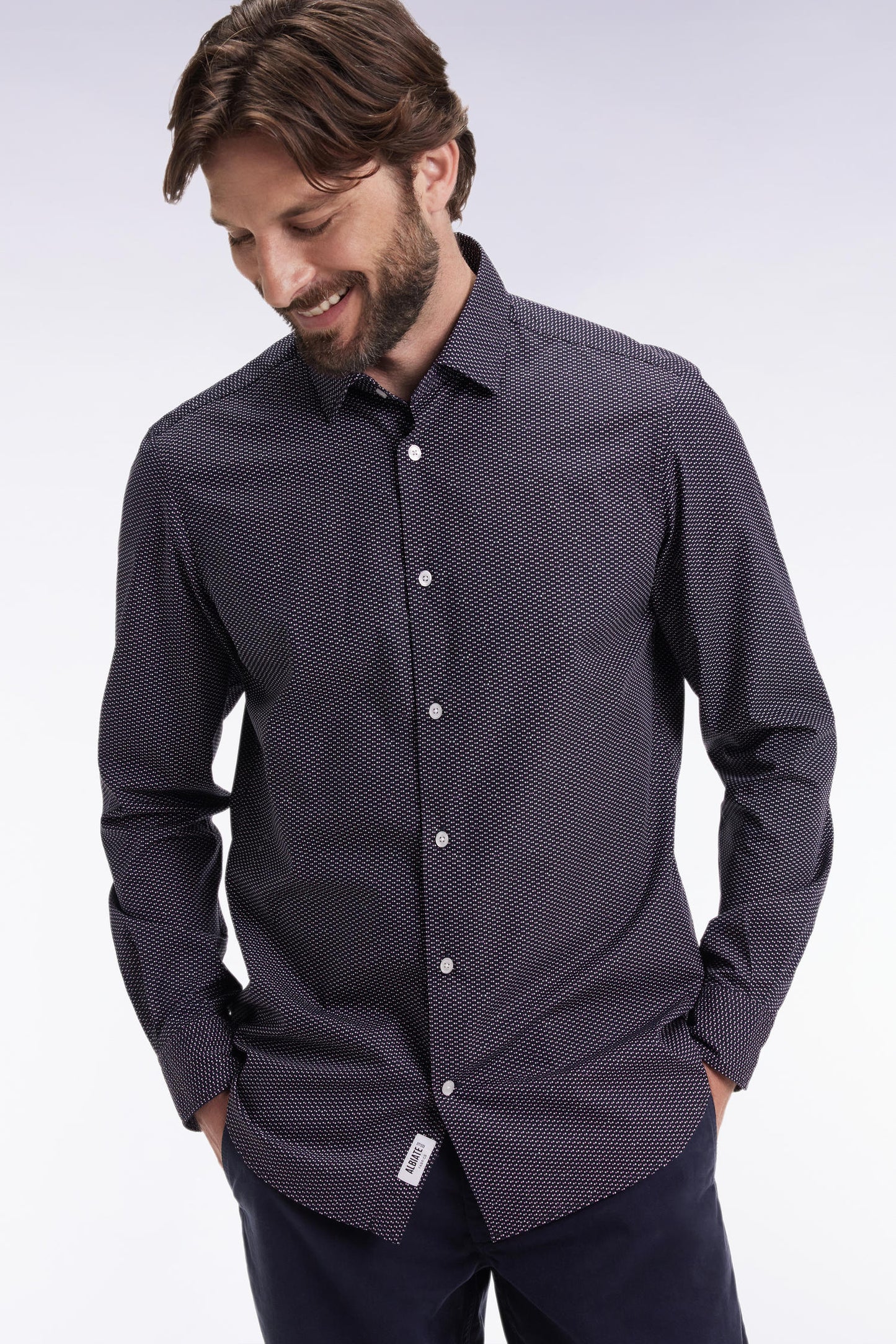 Chemise en coton à micro-motif pois rose coupe slim