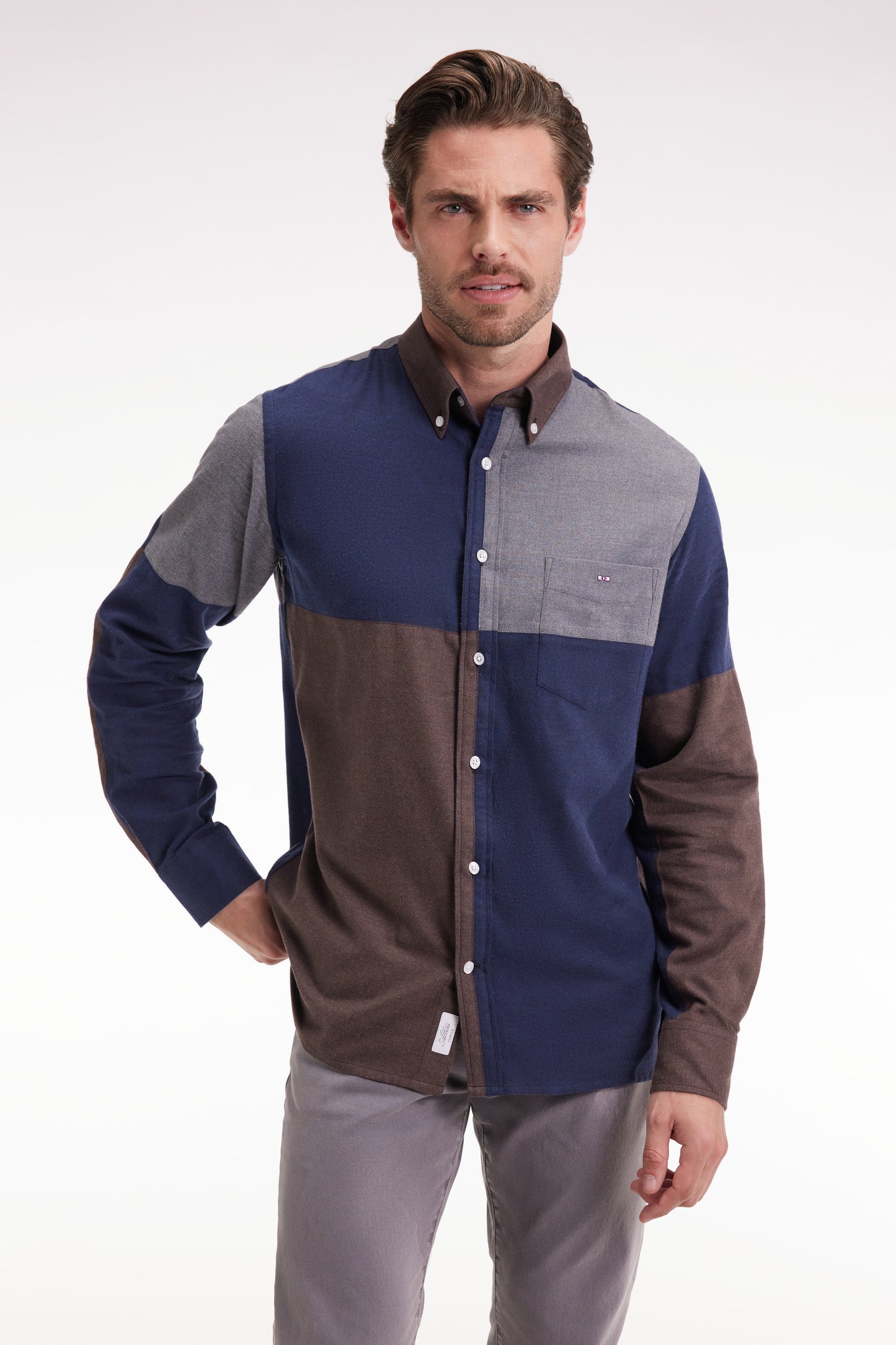 Chemise tricolore en flanelle de coton marine coupe droite