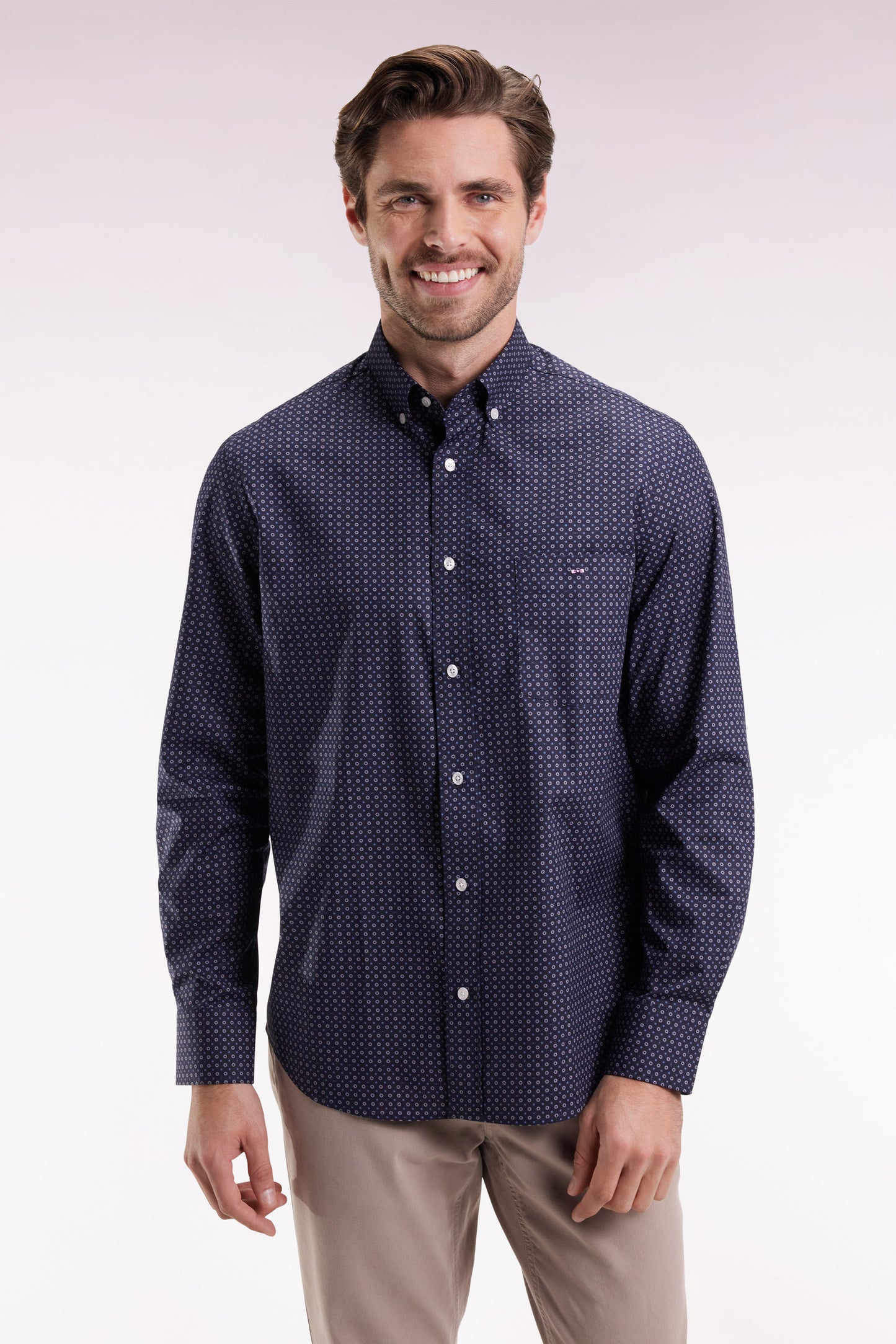 Straight-cut cotton shirt with navy micropatterns