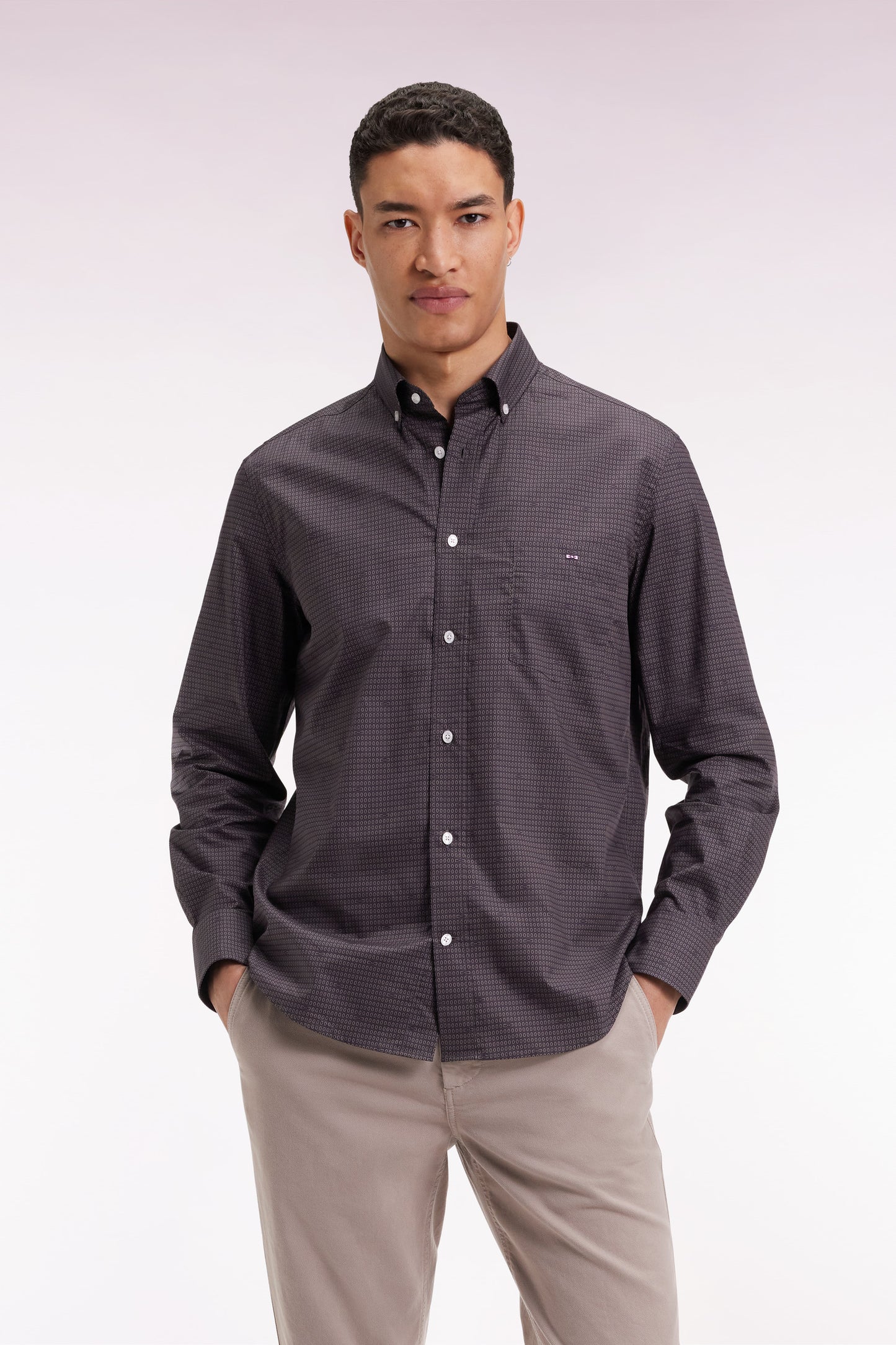 Brown Pima cotton shirt with micro-patterns, straight cut