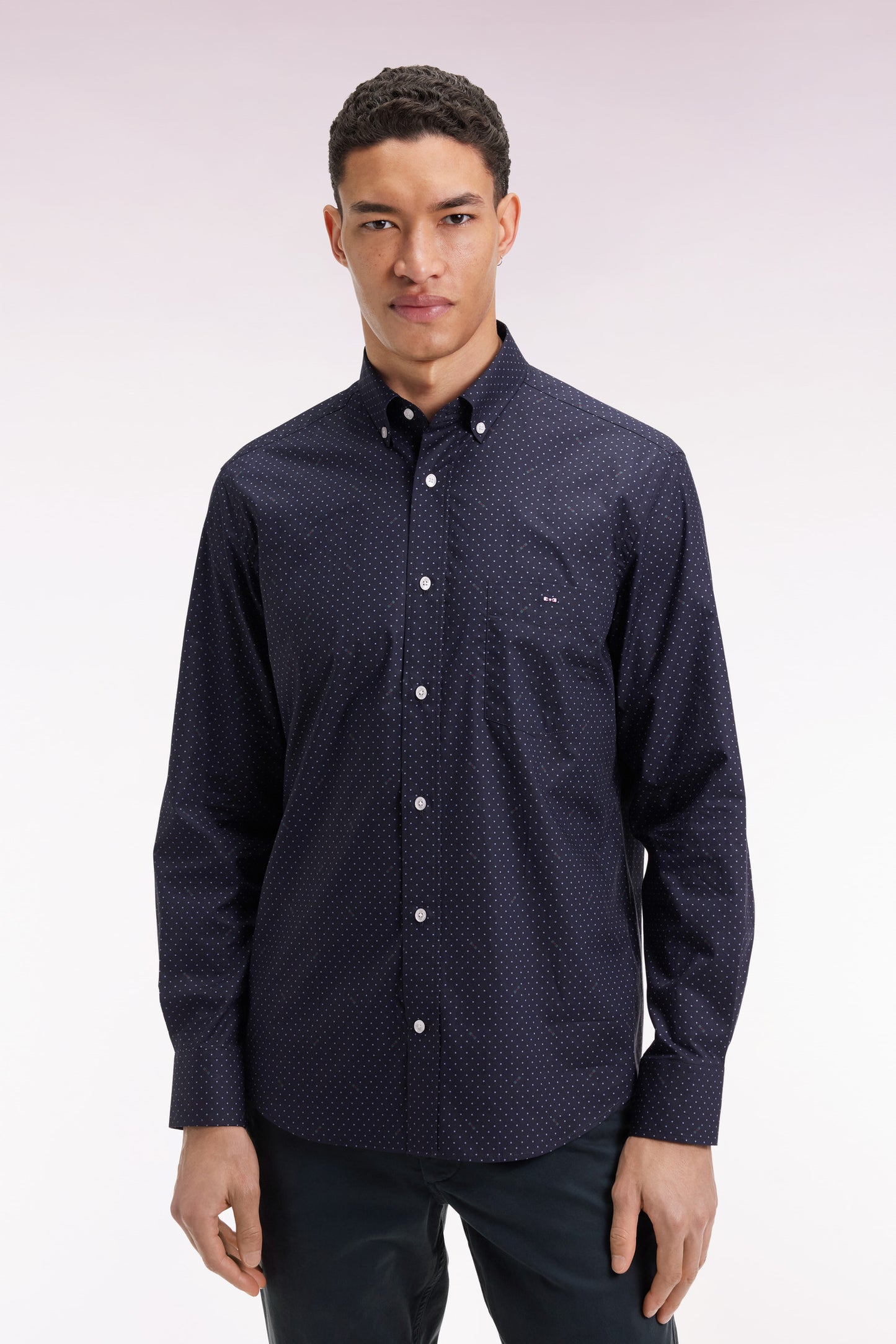 Navy Pima cotton shirt with micro-polka dots, straight cut