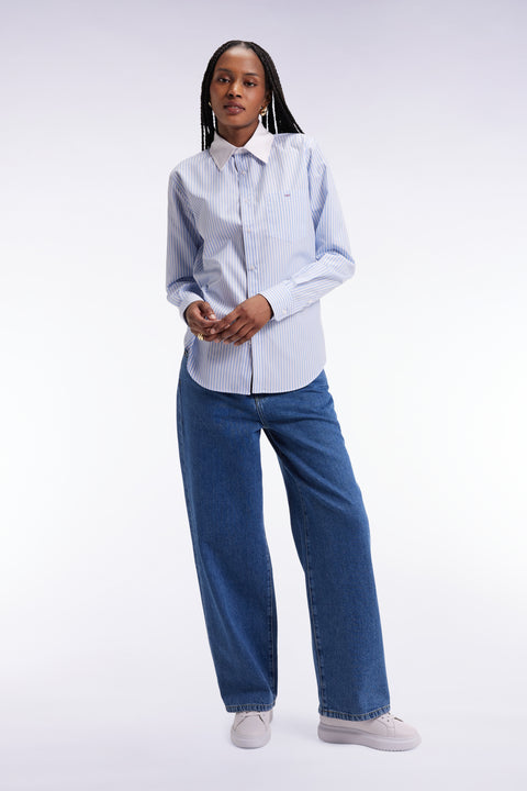 Chemise en popeline de coton rayée ciel et blanche coupe slim - Image 1