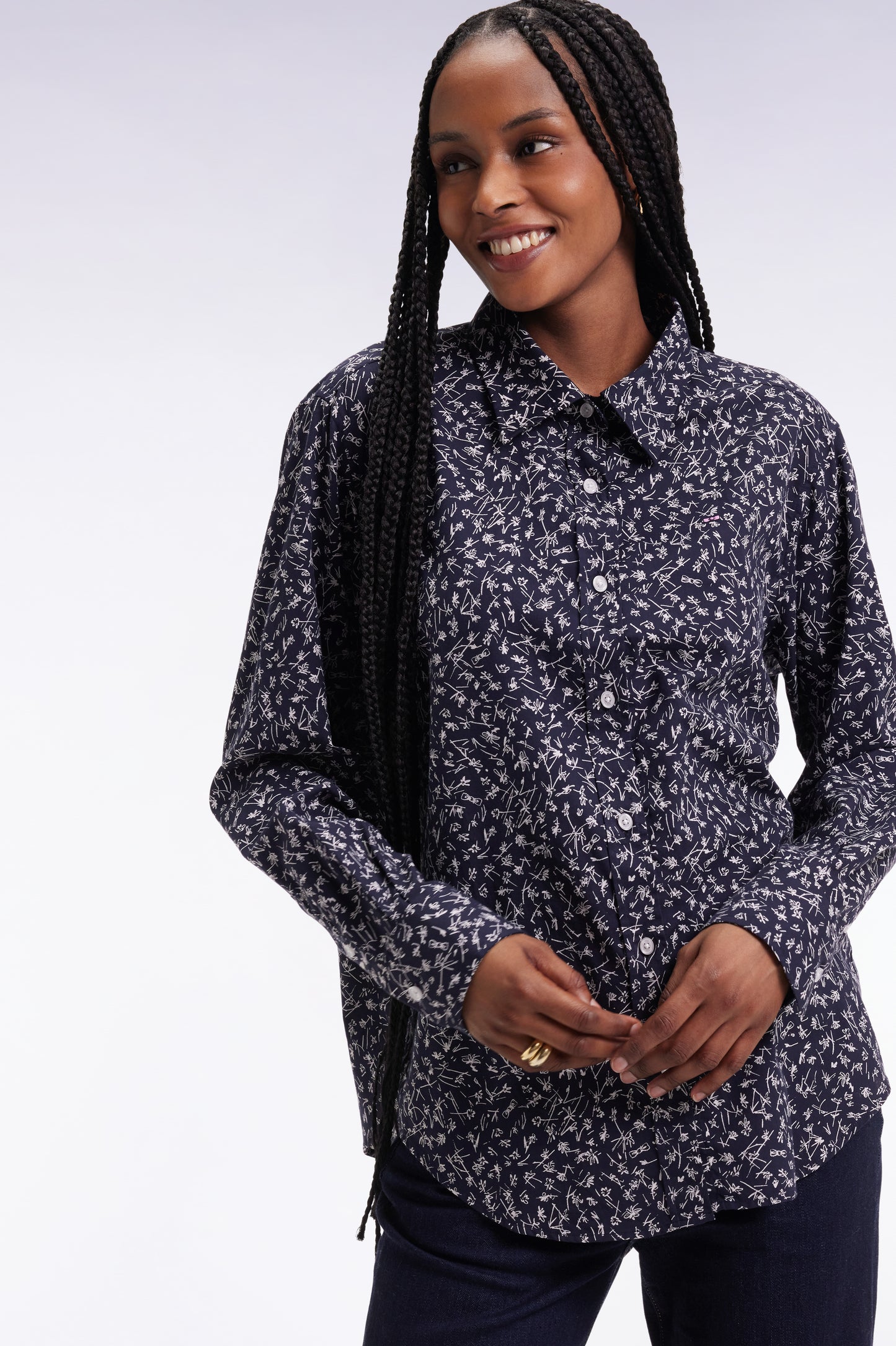 Chemise en popeline de coton marine à micro-motifs coupe slim