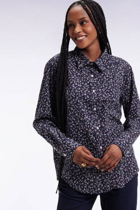 Chemise en popeline de coton marine à micro-motifs coupe slim - Image 1