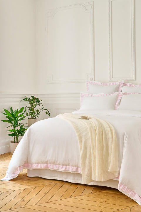 Housse de couette en percale de coton blanche bordures roses rayées - Image 1