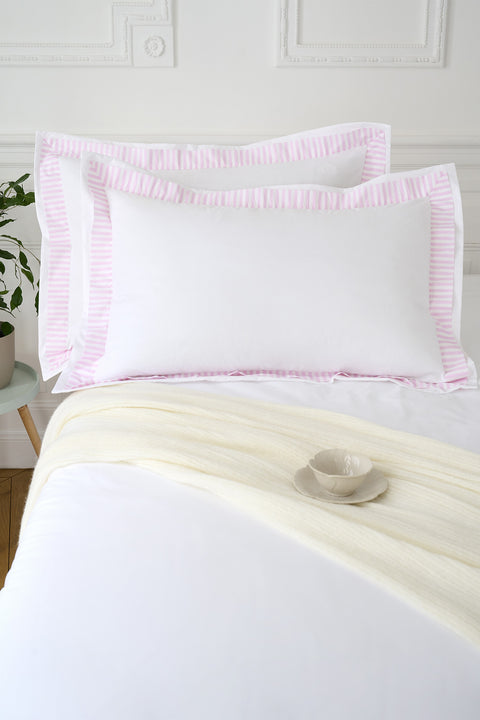 Lot de taies d'oreillers rectangulaires en coton blanc à bordure rose rayée - Image 1