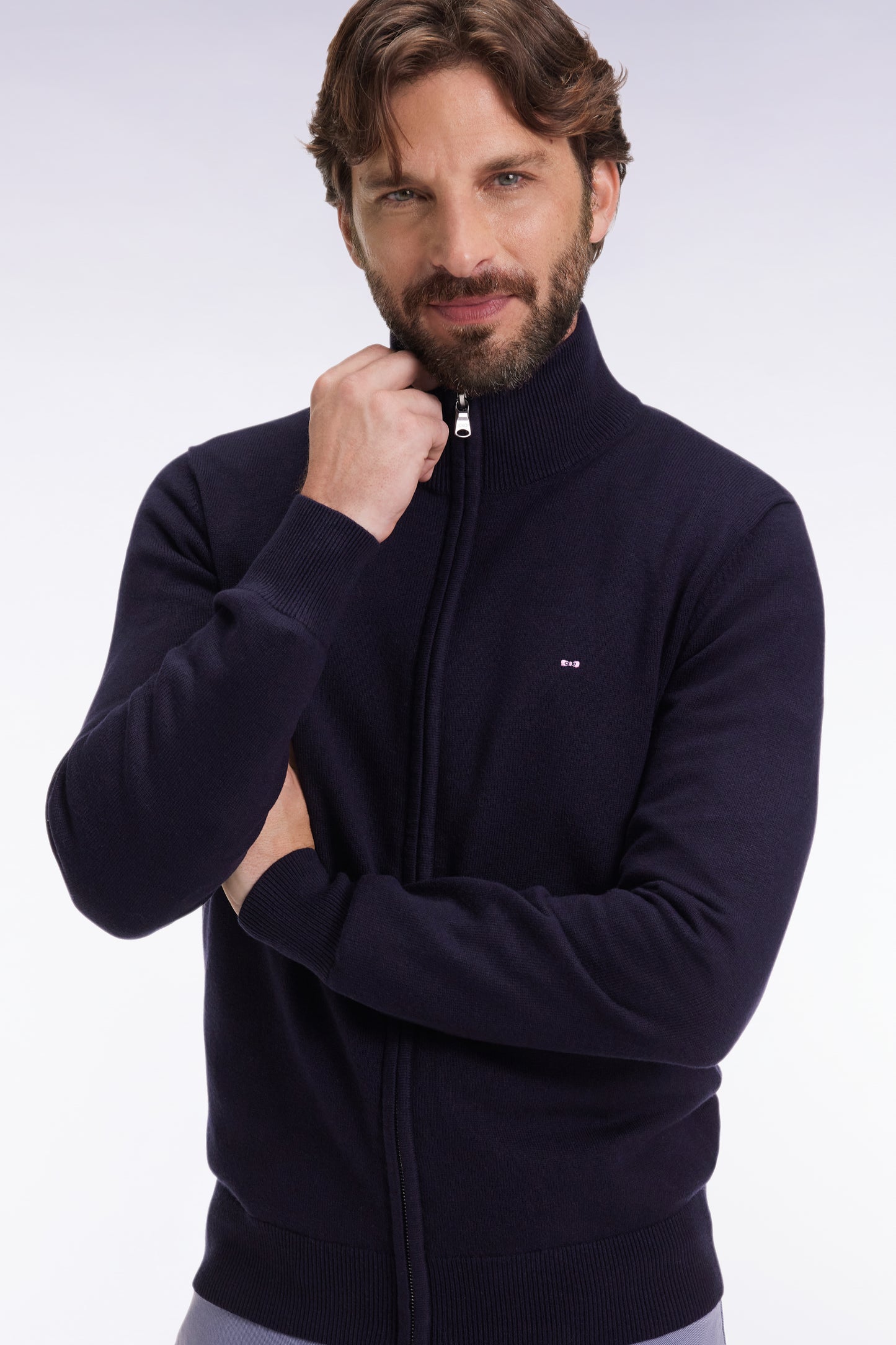 Zipped cardigan in wool and navy cotton, straight cut