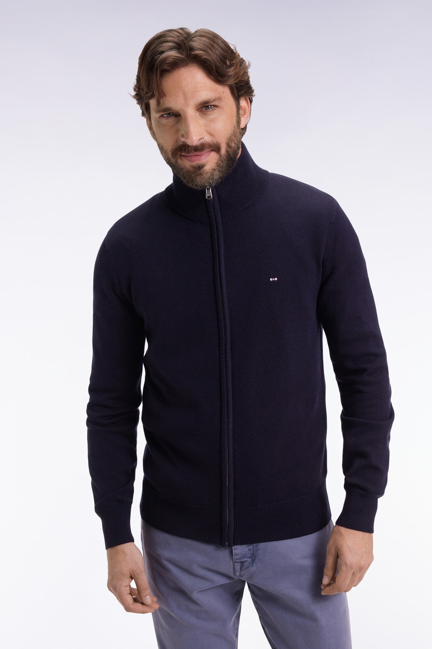 Zipped cardigan in wool and navy cotton, straight cut