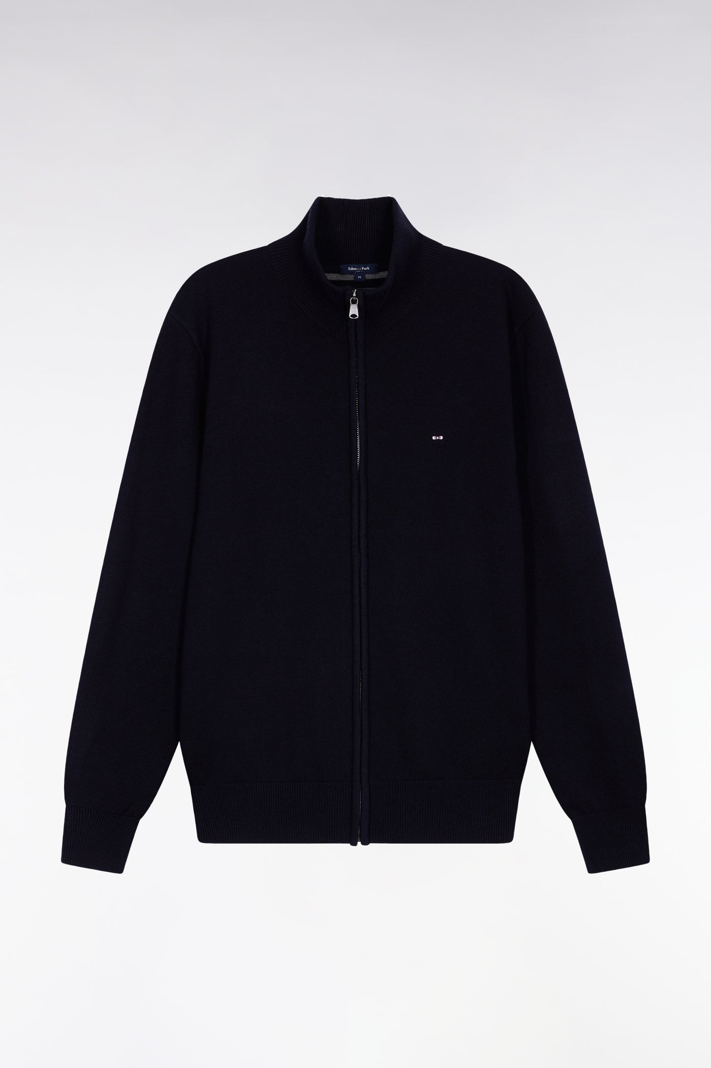 Zipped cardigan in wool and navy cotton, straight cut