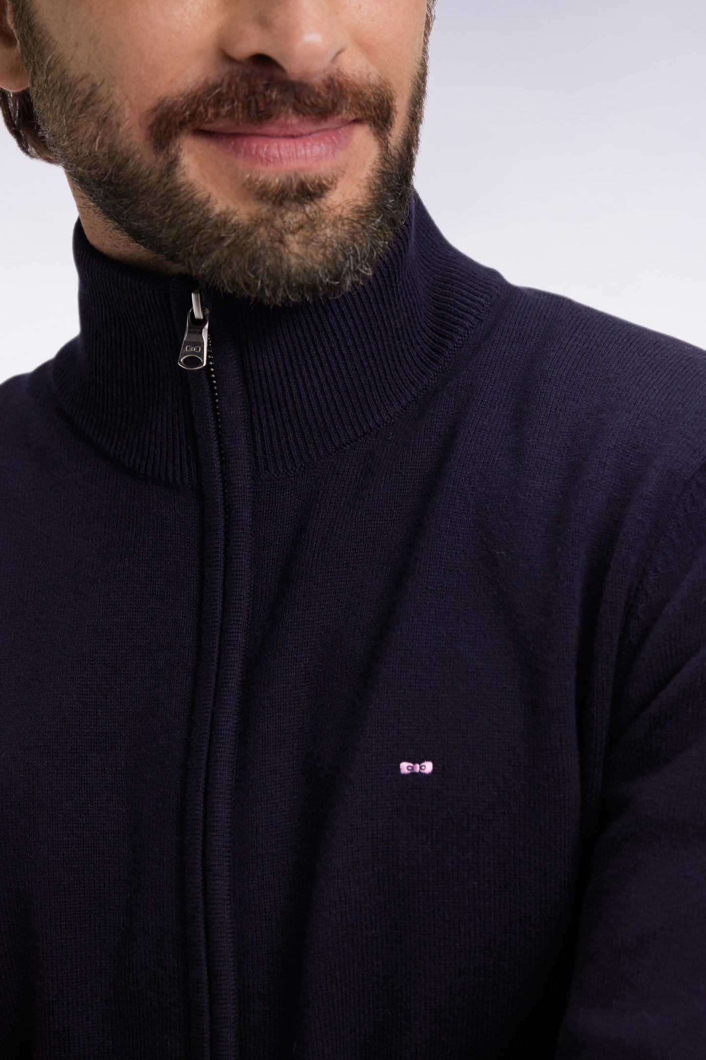 Zipped cardigan in wool and navy cotton, straight cut