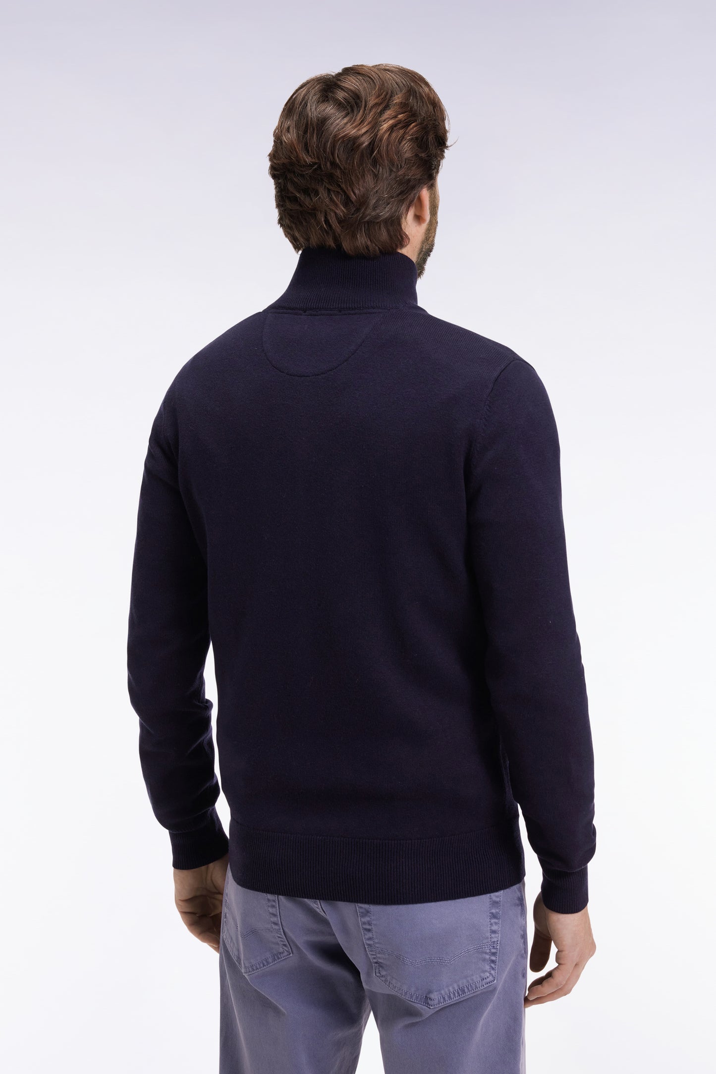 Zipped cardigan in wool and navy cotton, straight cut
