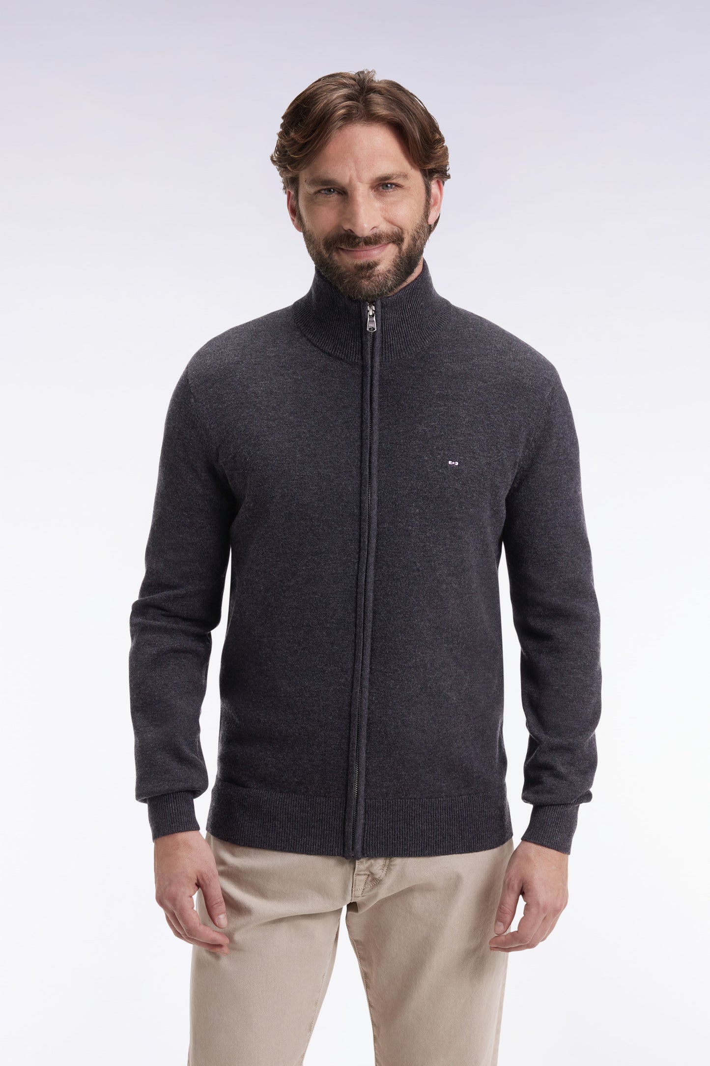 Zipped cardigan in dark grey wool and cotton, straight cut