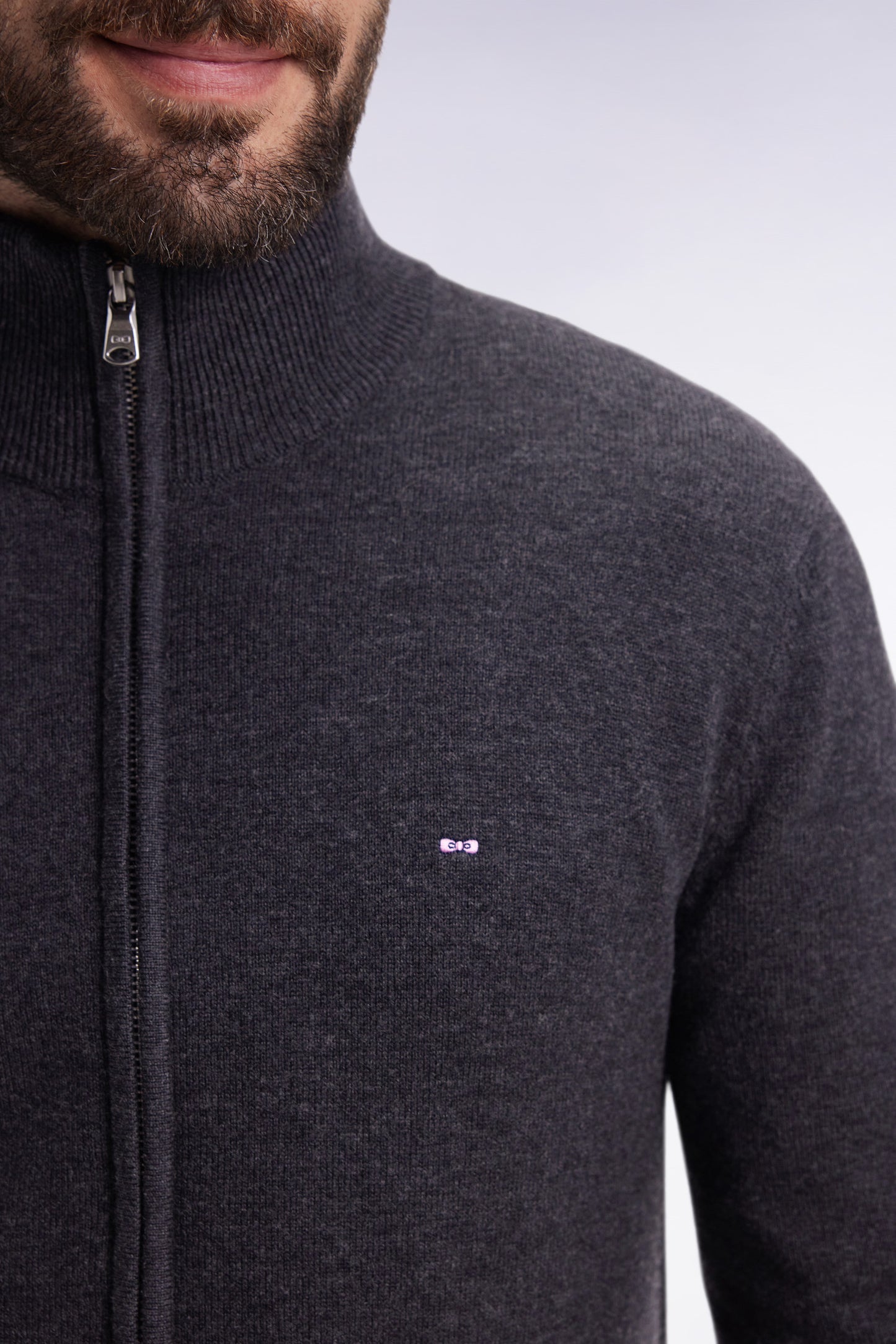 Zipped cardigan in dark grey wool and cotton, straight cut