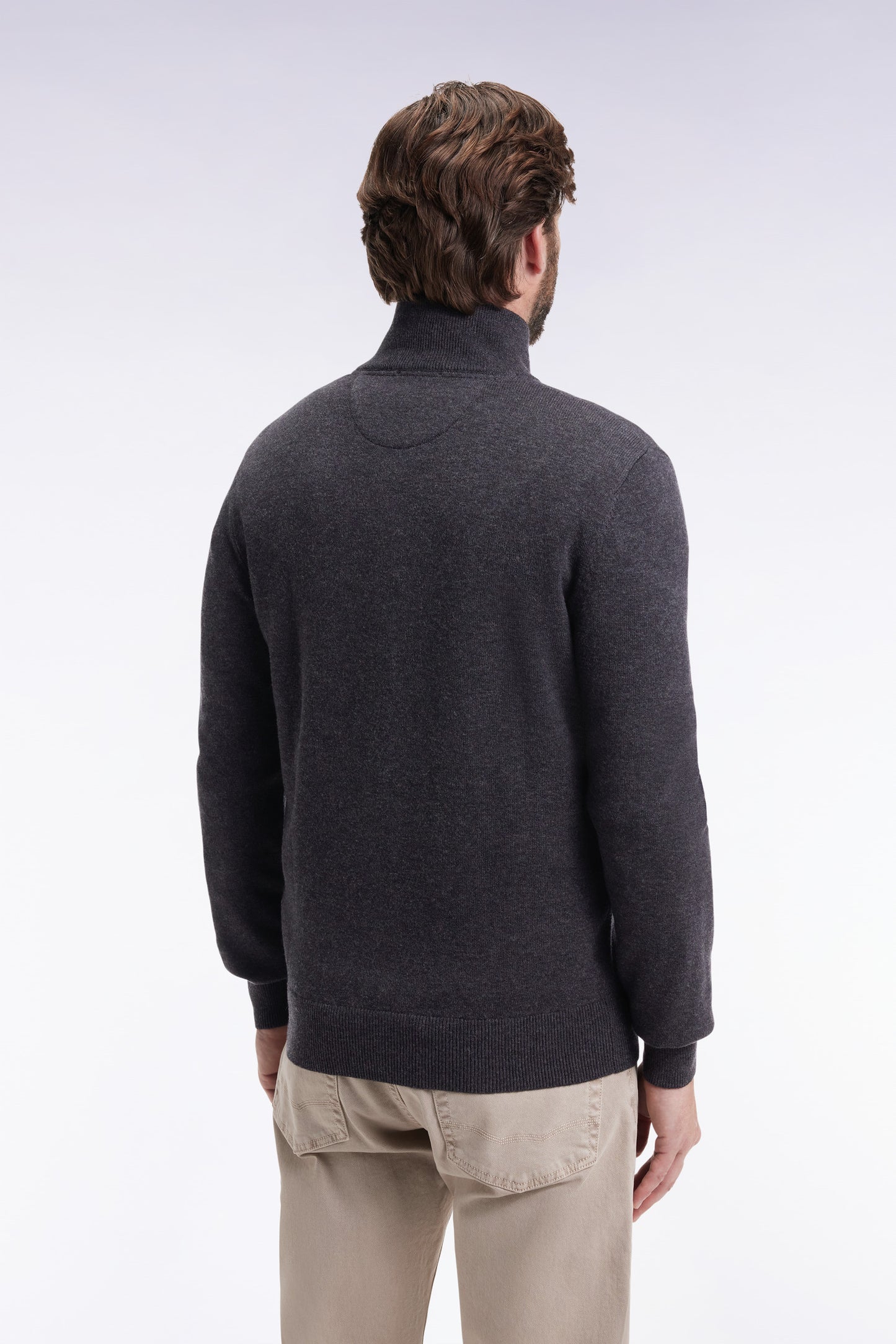 Zipped cardigan in dark grey wool and cotton, straight cut
