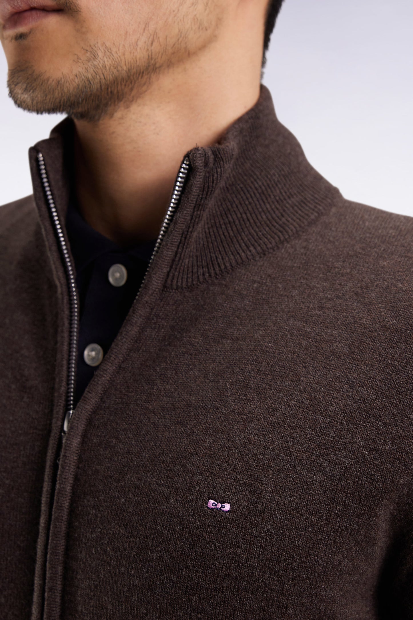 Zipped cardigan in wool and brown cotton, straight cut