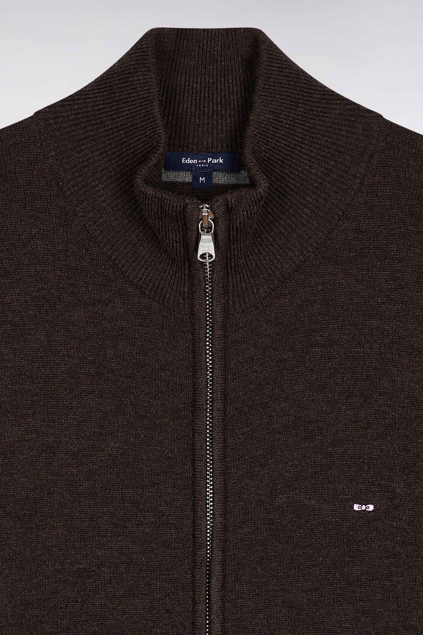 Zipped cardigan in wool and brown cotton, straight cut