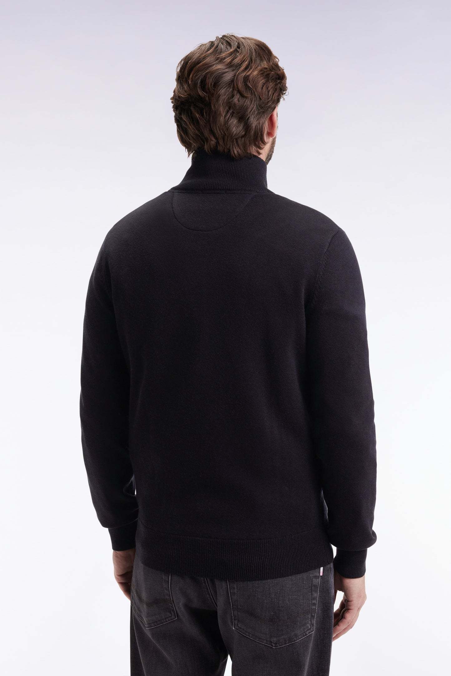 Cardigan zippé en laine et coton noir coupe droite
