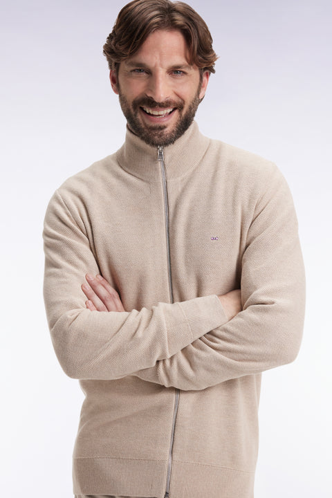 Cardigan en coton nid d'abeille beige coupe droite - Image 1