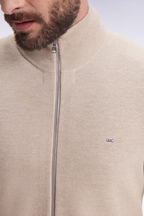 Cardigan en coton nid d'abeille beige coupe droite - Image 3