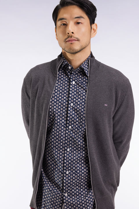 Cardigan en coton nid d'abeille gris coupe droite - Image 1