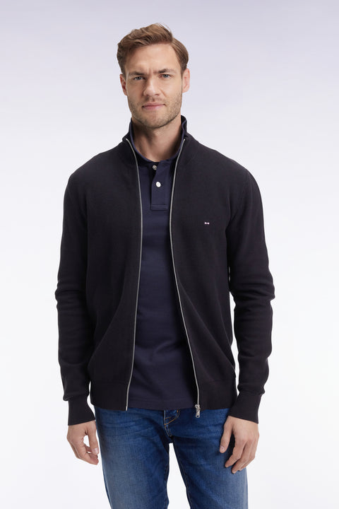 Cardigan en coton nid d'abeille noir coupe droite - Image 3