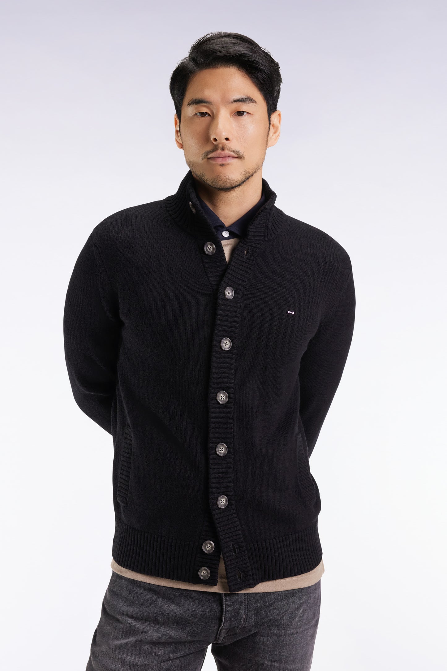 Cardigan à col montant en laine et coton noir
