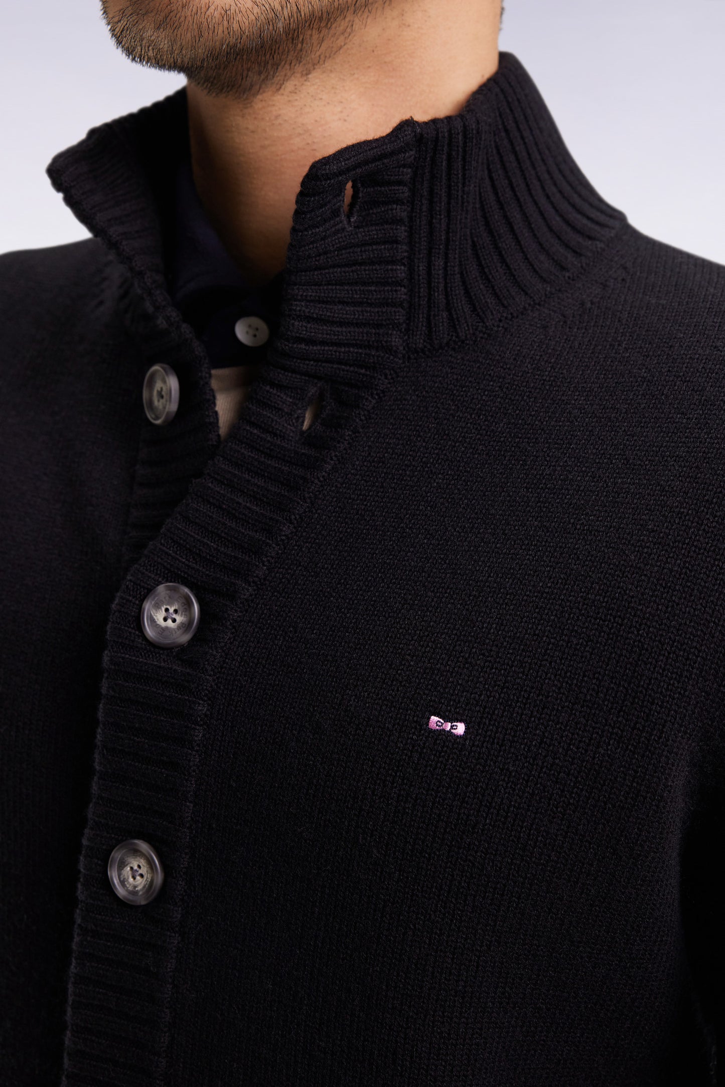 Cardigan à col montant en laine et coton noir