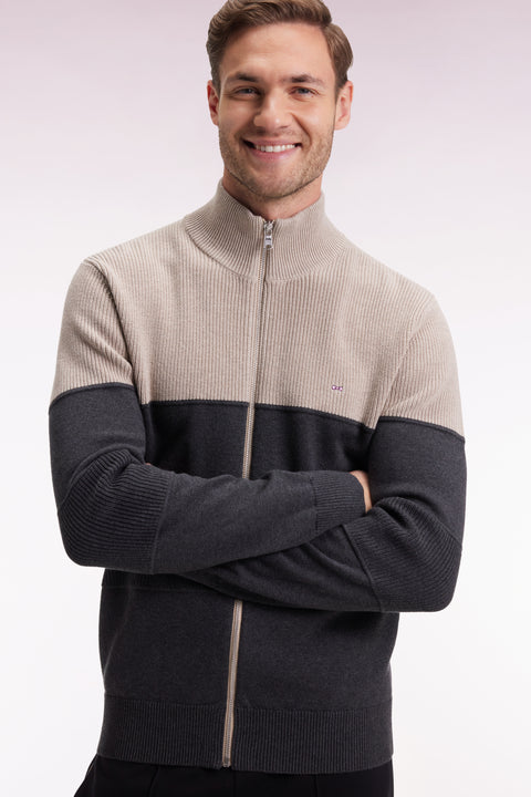 Cardigan zippé en coton bicolore beige et gris coupe droite - Image 1