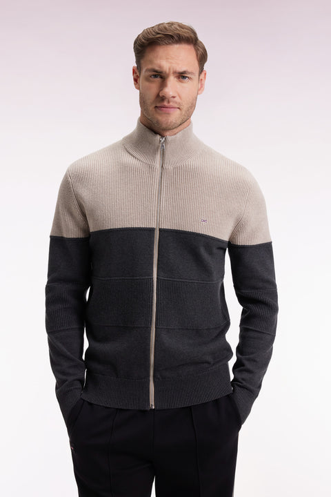 Cardigan zippé en coton bicolore beige et gris coupe droite - Image 3