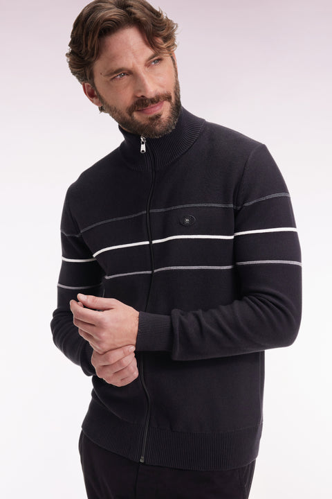 Zipped cardigan in black cotton with coloured piping, straight cut - Image 1
