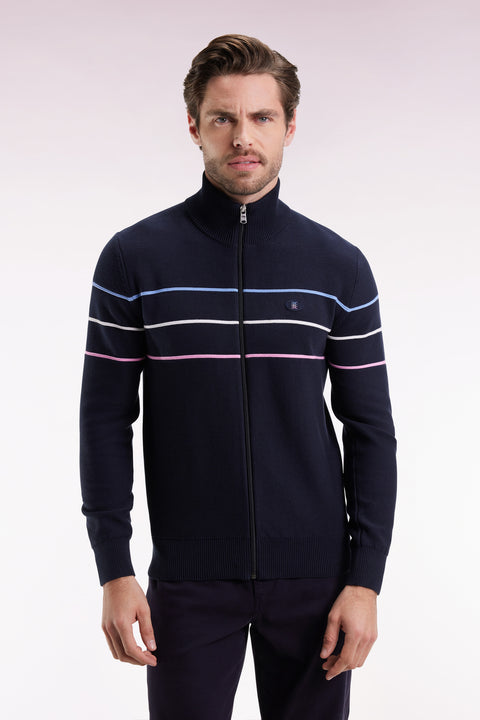 Cardigan zippé en coton marine à liserés colorés coupe droite - Image 3