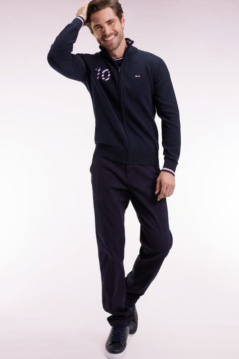 Cardigan zippé en coton marine broderie 10 marine coupe droite - Image 3